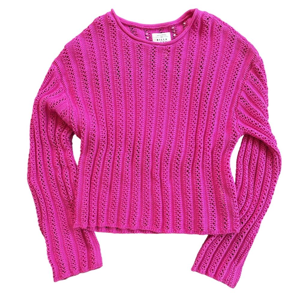 Billabong Pink Crochet Rolled Crewneck Open Weave Ribbed Sweater Top Size S